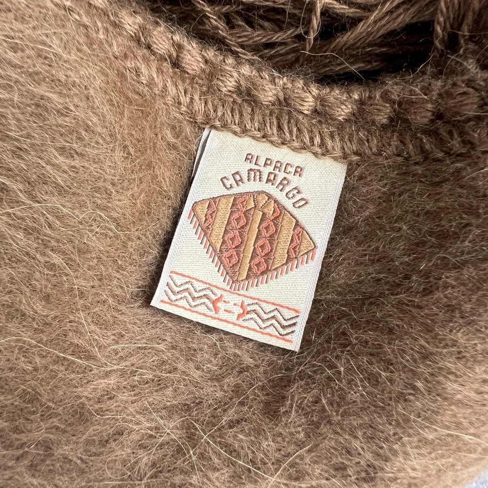 Alpaca Camargo Scarf Womens Brown Floral Crochet Fringe Trim Soft Peru Boho Wrap
